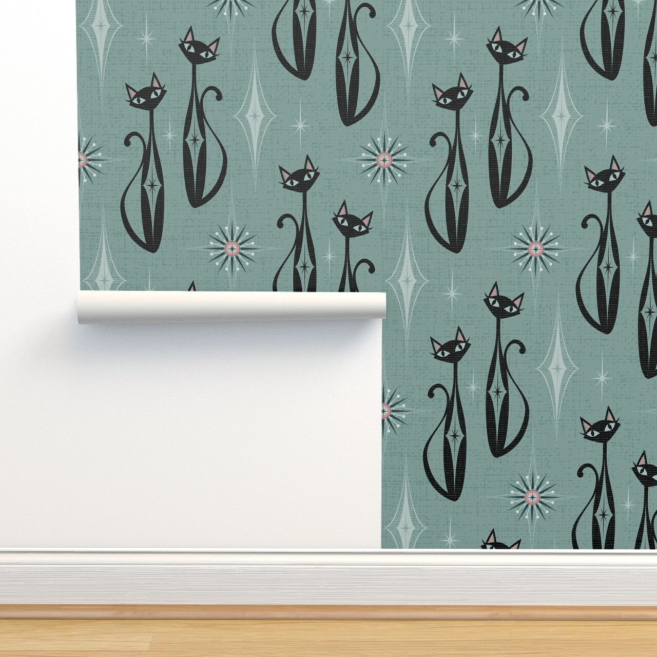 Retro 1950S Cats Mid Century Modern Vintage Inspired Atomic Age Faux Textured Look Custom Removable Wallpaper by Spoonflower Peel & Stick Wallpaper 2FT Wide